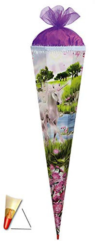 3-D Schultüte - Einhorn 85 cm 6 eckig - mit Holzspitze/Tüllabschluß und Glitzer - Zuckertüte Roth Pferd Einhörner Glitzer Glitter Borte