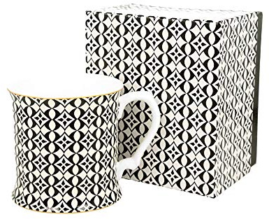 DUO Kaffeetasse Teetasse Janus 450ml Kaffeebecher Teebecher Schwarz Weiß Gold Grau Geometrisch Porzellantasse Cappuccinotasse Geschenkverpackung