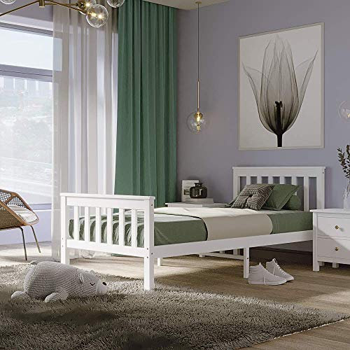 Panana Single Bed White 3ft Solid Pine Wood Bed Frame for bedroom, dorm room (White)