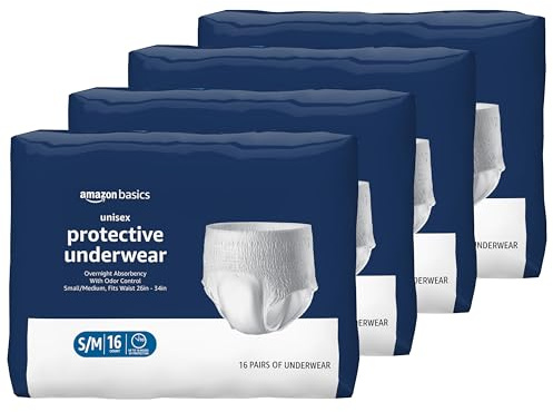 Amazon Basics Unisex Protective Overnight Incontinence Underwear with Odor Protection, Small/Medium, 64 Count (4 Packs of 16)