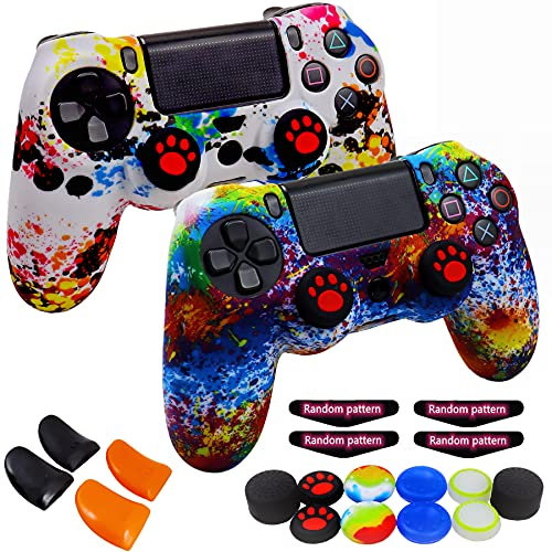 Lot de 2 coques antidérapantes en silicone pour manette de PS4, avec 10 poignées de joystick, 2 paires L2 R2, 4 barres lumineuses LED pour Playsation 4/Slim/Pro Dualshock 4