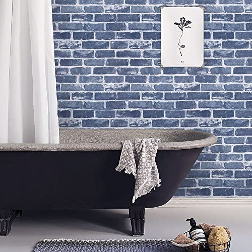 Timeet Blue Brick Wallpaper Peel and Stick Wallpaper 17.7 x 118.11 Self-Adhesive Removable Brick Textured Wallpaper Waterproof Backplash Living Room Wall Decor
