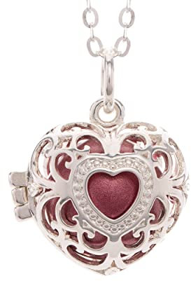 PYA Engelsrufer Kette 925 Sterling Silber 45cm mit Anhänger und Klangkugel in Rosé/Rot | Individueller Damen Schmuck aus Herz- Kettenanhänger, Schutzengel- Halskette und Farbkugel.