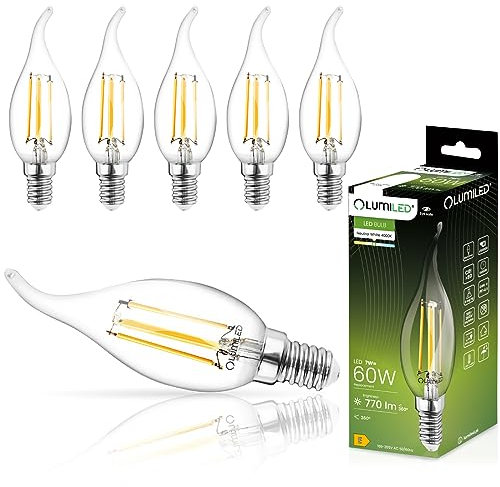 LUMILED BA35 E14 LED Lampe 6 Stück Set 7W (ersetzt 60W) 770lm Classic Filament Glas Leuchtmittel Kerzenform Windstoß 4000K Neutralweiß Birne Lampen 360° Abstrahlwinkel Glühbirnen Kerzenlampe