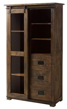 MASSIVMOEBEL24.DE | Railway - Massive Vitrine - braun geölt | Mangoholz | 3 Schubladen - 1 Glas-Schiebetür - 7 Regalfächer | 100x45x175 | Bücherregal Holzvitrine Standvitrine