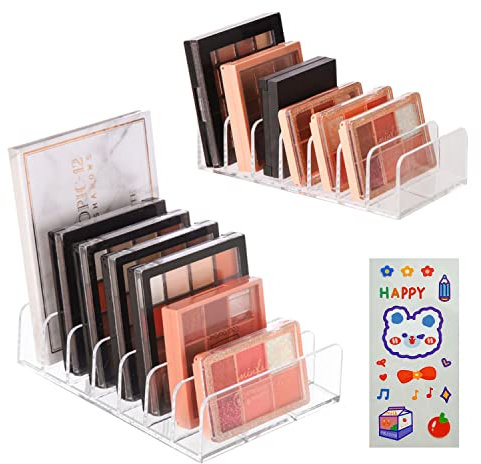 NINVVS 2 piece eyeshadow palette storage rack with 1 cartoon sticker, transparent desktop display rack, 7 compartment cosmetic storage rack, suitable for dressing table (2 sizes)