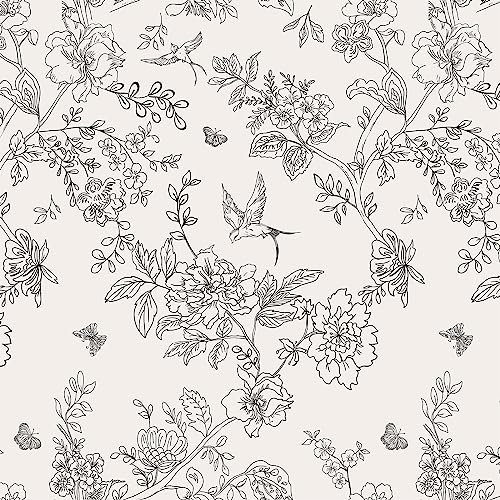 Black and White Floral Wallpaper Peel and Stick Wallpaper Floral Contact Paper 17.7 inch×118.1 inch Floral Removable Self Adhesive Wallpaper Flowers Birds Decorative Wallpaper for Cabinets Walls