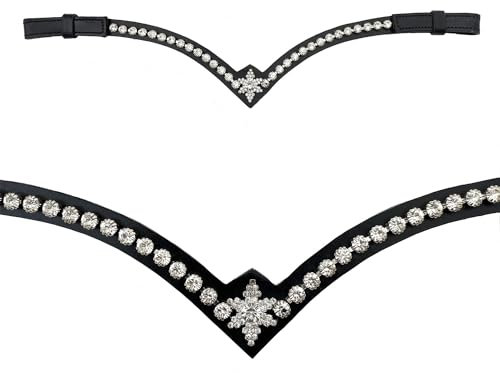 Leone Equipment Stirnriemen Pferd Glitzer in Geschenkbox (X-Full/X-Warmblut, Gold Steine/Schwarz Leder)