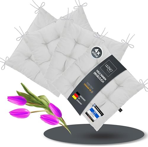 LILENO HOME 4er Set Stuhlkissen 34 Weiß (40x40x6 cm) - Sitzkissen für Garten, Küche oder Esszimmer - UV-beständige Indoor u. Outdoor Stuhlauflage als Stuhl-Kissen (Linda FUM)