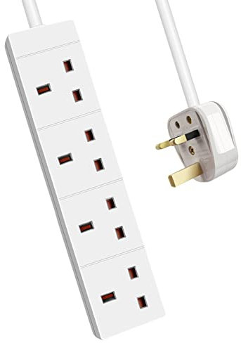 EXTRASTAR 4 Gang Extension Lead White, 1M Extension Cable with 13A Fused UK Plug Max 3120W, 4 Plug extension for Home and Office