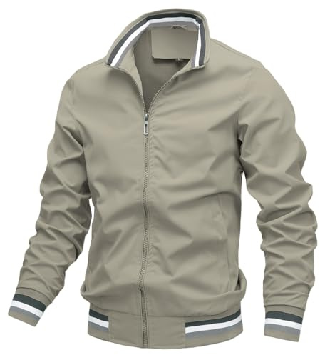 AIEOE Men's Bomber Jacket, Lightweight Transition Jacket, Casual Stand-Up Collar Blouson, Autumn, Spring, Bomber Jacket, Sports Jacket, Green, XXL