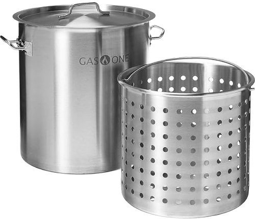 GasOne Pentola in acciaio inox con cestello, pentola da 36 qt con coperchio e fondo rinforzato, pentola resistente per friggere, friggere tacchino, birra, zuppa, bollitura di frutti di mare, finitura