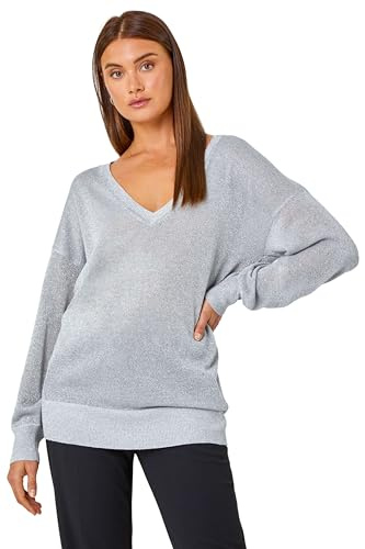 Roman Originals V-Neck Jumper for Women UK Ladies Boyfriend Fit Slouch Sweater Winter Autumn Textured Casual Flattering Knit Pullover Knitwear Daywear Lightweight Lounge - Silver - Size 10