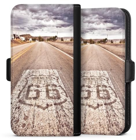 Flip Case kompatibel mit Apple iPhone 15 Handyhülle aus Kunst Leder schwarz Klapphülle Strasse USA Motorrad