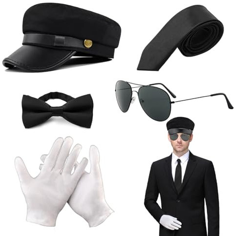 XNIVUIS 5 Stück Chauffeur-Kostüm-Zubehör, Neuheit, Fahrerkostüm, schwarzer Hut, Sonnenbrille, Fliege, Handschuhe, 1980er-Jahre, Gangster-Biker-Kostüm, Zubehör für Cosplay, Mottoparty (schwarz, 58)