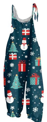 Christmas Print Dungarees Snowman Print Tunic Long Overall High Waist Slim Fit Fitness Adjustable Shoulder Strap Romper Causal Loose Onsies Essential Dark Blue