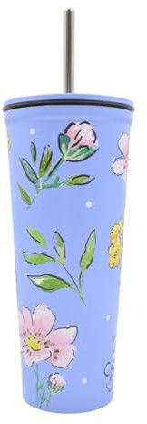 Hox Double Wall Stainless Steel 600ml | Eco Friendly BPA-Free Plastic School Water Sipper with Removable Straw | Gift for Kids & Show Fans | Cartoon Floral Blue