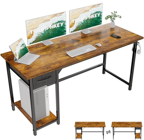 TRIUMPHKEY Scrivania per Computer,140 cm Scrivania Ufficio,Tavolo da Ufficio con Cassetti,Scrivania Reversibile, Telaio in Metallo,Scrivania da Gaming,con Gancio(Marrone)