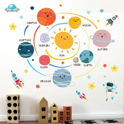Amimagen Wandtattoos Outer Space Planets Wandaufkleber - Astronaut Rocket Boys Wandabziehbilder - Baby Kinderzimmer Kindertagesstätte Spielzimmer Wanddeko