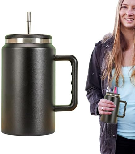Vaso de acero inoxidable de 50 onzas | Botella de agua con vaso de pajita,Aislamiento de alta capacidad con tapa y asa Taza aislada para mantener el frío para bebidas con agua caliente