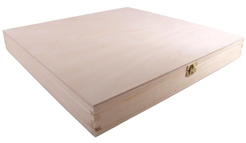 WooDeeDoo Large Slim Square Wooden Box With Lid | 40 x 40 x 5 cm | Clasp Closure | Shallow Depthless Gift Case Keepsake Memory Storage Treasure Holder | Paintable DIY Wood