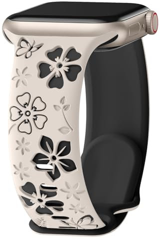MoSuul Flores Tallada Correas Compatible con Correa Apple Watch 42mm 41mm 40mm 38mm, Silicona Mujer Deportiva Suave Bracelet Para Apple Watch Series 10/9/8/7/6/5/4/3/2/1/SE2/SE Starlight+Negro