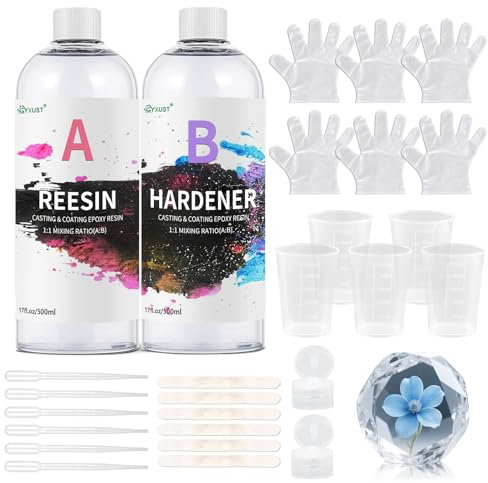Epoxidharz Set Anfänger，1000ml/34oz Harz Gießen Set 1: 1 Verhältnis Epoxidharz mit Härter，Handschuh, Messbecher, Holzstäbchen, Pipetten，Schmuckherstellung，Epoxidharz Set