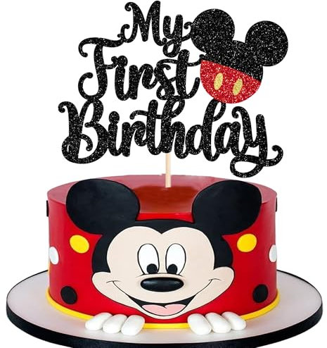 Xsstarmi 1 Pack My First Birthday Mouse Inspired Cake Topper - Glitter Black Red Mini One Cake Pick Decorations for Baby Shower Happy First Birthday Party Supplies
