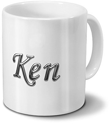 printplanet Tasse mit Namen Ken - Motiv Chrom-Schriftzug - Namenstasse, Kaffeebecher, Mug, Becher, Kaffeetasse - Farbe Weiß