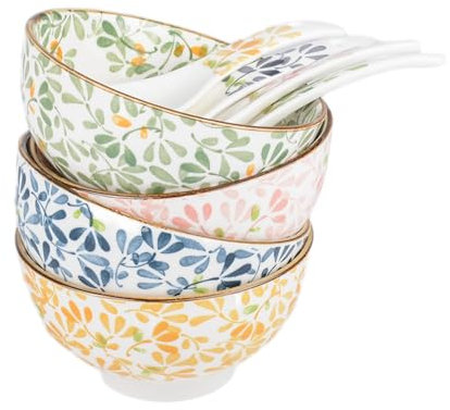 Cereal Bowls Set of 4,4.75 Inch Ceramic Japanese Style Small Soup Dessert Bowls with Spoons Dishwasher and Microwave Safe Serving Bowls for Soup, Dessert, Snack, Porridge, Rice