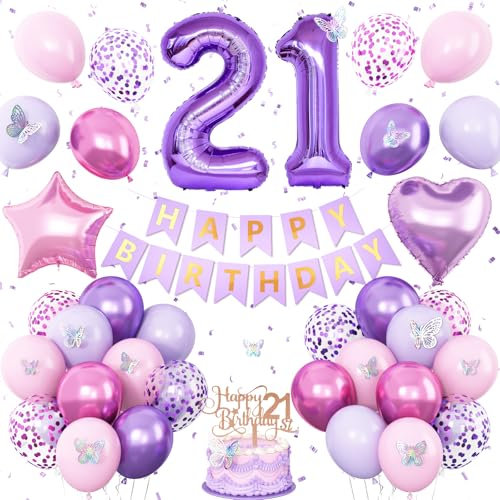 21st Purple Birthday Decorations,Pink Purple 21st Birthday Balloons for Women Butterfly Party Decor with Number 21 Balloons Cake Topper Butterfly Party Supplies for Girls 21 Decorations