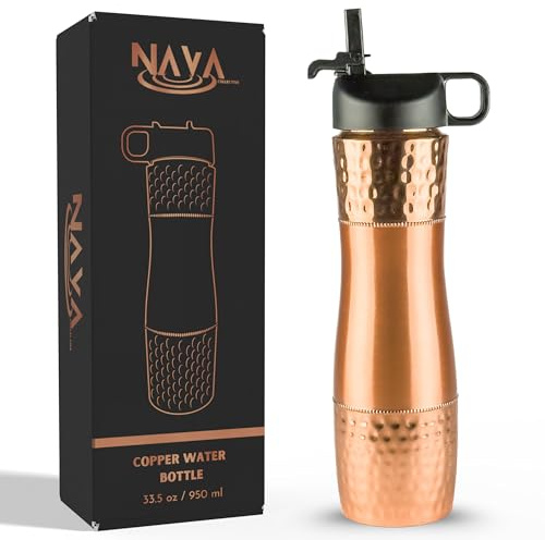 Pure Copper Water Bottle For Drinking Water with Straw and Sports Lid 33.5oz / 950ml Ayurveda Copper Bottle for Ayurvedic Health Benefits, Leak-Proof Split Hammered Design Vessel, Drink Water Daily