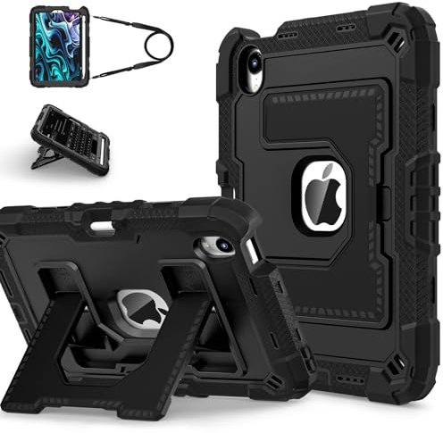Étui robuste pour iPad mini 7 A17 Pro 2024/iPad mini 6 2021 8,3, avec support et bandoulière - Coque antichoc pour iPad mini 7e/6e génération 8,3 avec porte-stylo (noir noir)