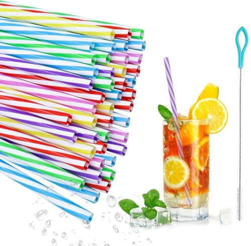 Reusable Plastic Drinking Straws - 50Pcs Party Thick Plastic Straw Candy-Striped Straw with Cleaning Brush for Smoothies, Juice, Cocktail, Hot Drink