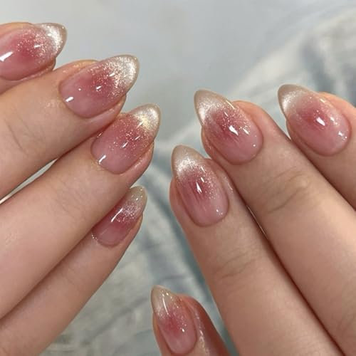 Cat Eye False Nails - 24 Pcs Almond Press On Nails Short - French Glitter Fake Nails With Pink Blush - Glossy Full Cover Glue On Nail - Natural Looking Stick On Nail For Women Girls