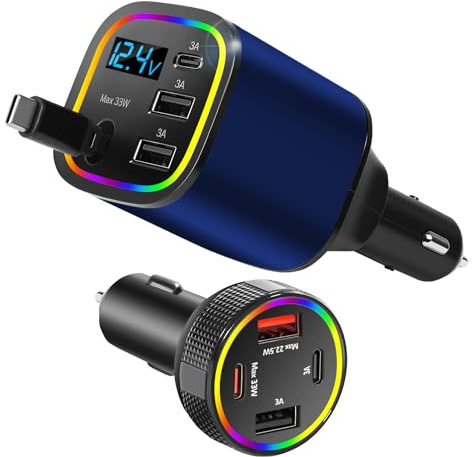 4 in 1 Auto Ladegerät Zigarettenanzünder USB C Adapter 85.5W+78W（Blue） | 12V/24V Schnellladung | Einziehbares Design | LED-Spannungsanzeige | RGB-Beleuchtung | Kompatibel mit ios & Android