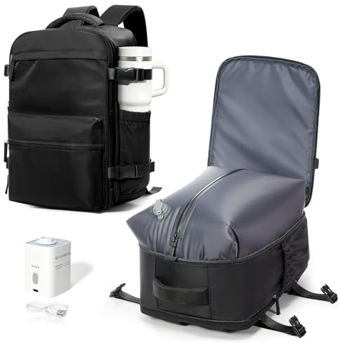 BOXSAM Vakuum Rucksack Handgepäck Flugzeug Tasche Airbag mit Vakuumsystem Reisen Tagesrucksack Ryanair 40x30x25 Rucksack Damen Vacuum Reiserucksack mit Pumpe Wasserdicht Herren Vakuum Koffer(Schwarz)