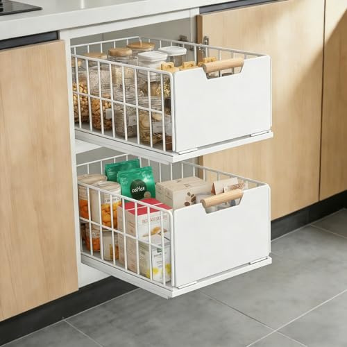 2 Stück Teleskopschublade Ausziehbare Schublade Küche, Slide Out Schubladen Organizer Mit Schubladenschienen und Kleber, Metall Pull Out Drawer für Küchenschränke(40T x 25B x 18H CM) - Ohne Bohren