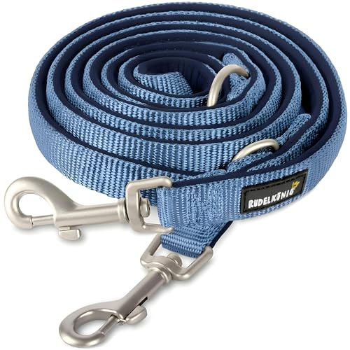 Rudelkönig Führleine Bella - Verstellbare Hundeleine 2,30m Blau | Neopren & Nylon gepolstert, 360° Drehkarabiner - für mittelgroße & große Hunde - Umhängeleine & Doppelleine