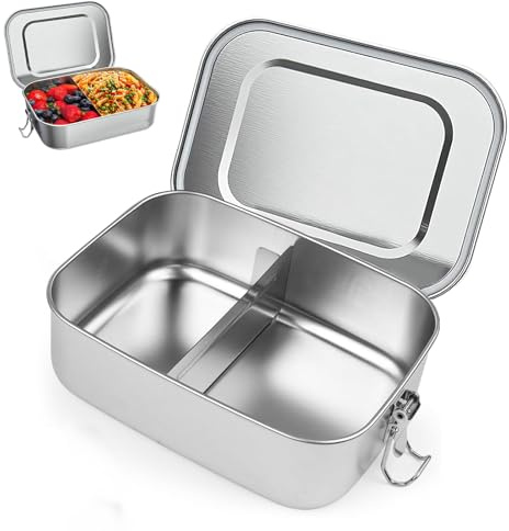 Lunchbox, Brotdose Edelstahl mit Bewegliche Fächern(850ml) | Auslaufsichere Brotdose Metall mit Verschluss, BPA-frei Lunchbox Edelstahl für Picknick Schule Arbeit