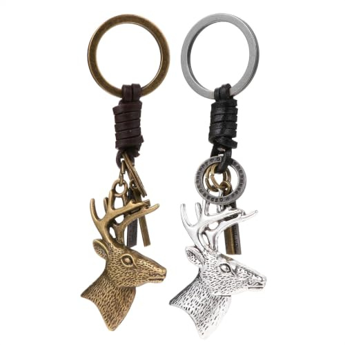 Générique Porte-Clés Tête de Cerf en Cuir de Vache et Alliage Lot de 2 Pendentifs Originaux pour Clés, Adaptés aux Portefeuilles et Décorations de Noël