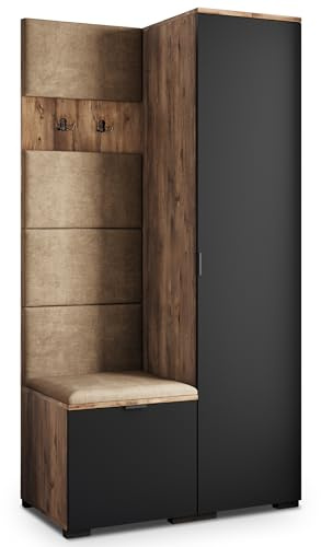 Masseno Flugarderoben Set Lori, Kleiderschrank-Set mit Sitzbank, Garderobenschrank Flur mit 3 Regalböden, Eiche Lefkas/Schwarz