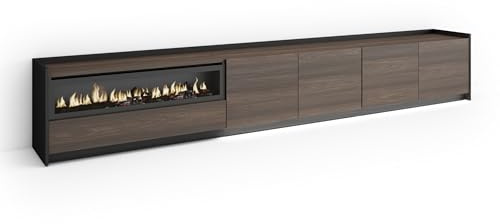 Skraut Home | TV-Schrank, Lowboard | für Wohnzimmer und Esszimmer | 310x50x37 cm | Für TV-Geräte bis zu 80 | Elektrokamin. | LED | Moderner Stil | Dunkle Eiche und Schwarz