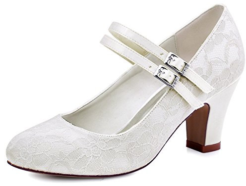 Elegantpark HC1701 Mujer Zapatillas Tacón Alto Mary Jane Hebilla Satén Cordones Zapatos de Boda Marfil EU 39