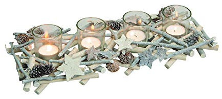 Belladecora Adventsgesteck für Tealichter aus Holz/Glas 5-tlg, B38 x T14 x H7 cm