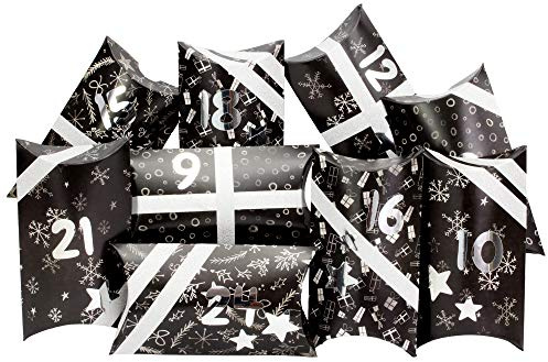 Papierdrachen 24 Adventskalender Pillowboxen - mit Washitape und silbernen Zahlenaufklebern - 24 Kissenschachteln aus Karton - DIY Adventskalender zum Befüllen und Gestalten