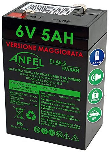 Batteria Gel di Piombo per: Moto,quads, Veicoli Giocattolo 6V 5Ah (sostituisce Anche 4Ah 4,5Ah)