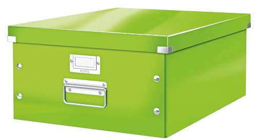 Leitz Click & Store Aufbewahrungsbox mit Deckel Groß, Box für Unterlagen bis A3 im Büro oder Haushalt, Transportbox aus 85 % recycelter Premium-Hartpappe, Stabile Metallgriffe, Grün, 60450054