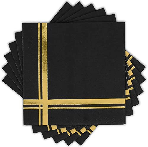 Fanxyware Cocktail-Servietten, 3-lagig, 100 Stück, 12,7 x cm – dekorative Papierservietten, glänzende Goldfolien-Streifen auf schwarzer Cocktail-Serviette, perfekt für Geburtstage und Jubiläumsfeiern