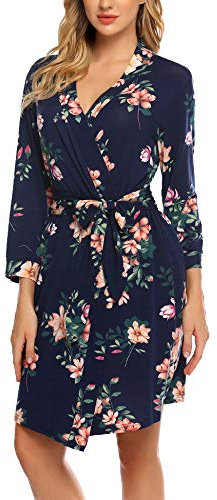 UNibelle Damen Morgenmantel Kurz aus Baumwolle Dünn 3/4 Ärmel Bademantel Kimono Saunamantel Robe Negligee Mit V-Ausschnitt Sommer Floral Marineblau S